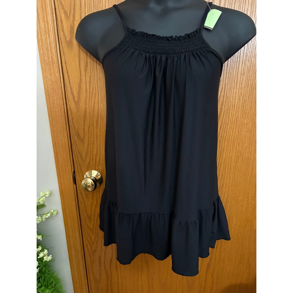 Joyspun Womens Black Smocked Ruffle Hem Sleep Chemise Nightgown Size M 8-10